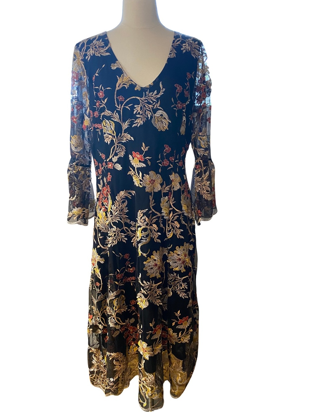 Reba Black Midi Dress with Gold and Red Floral Embroidery